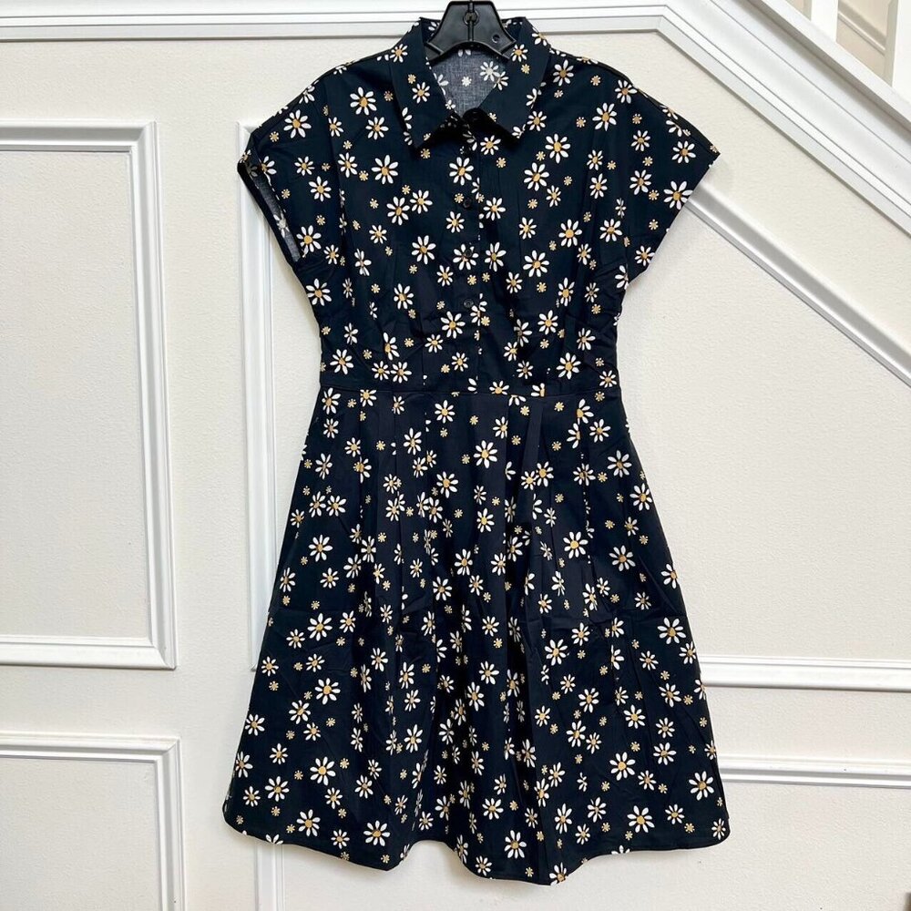 NWOT Daisy Print Dress Size 6 Floral Print Short Sleeve Mini Dress Black - Picture 2 of 7